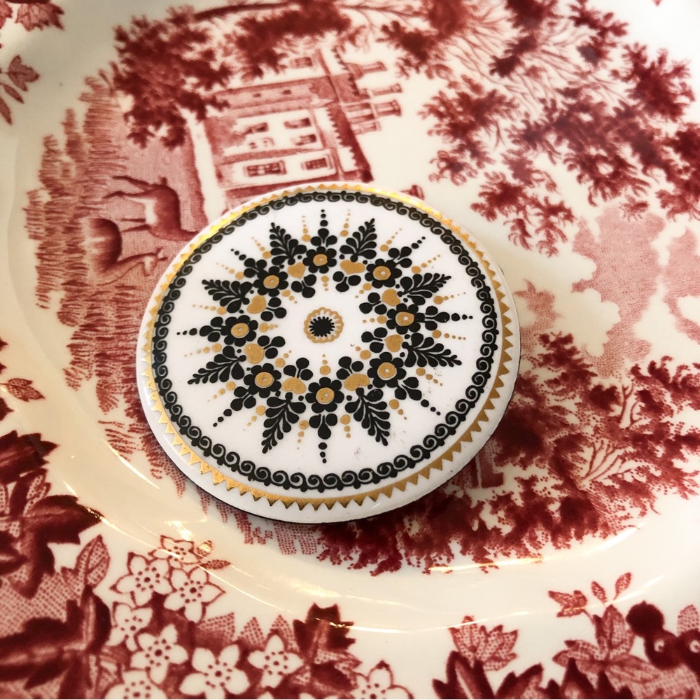 Vintage MCM made in Austria enamel on metal round disc brooch black white gold
